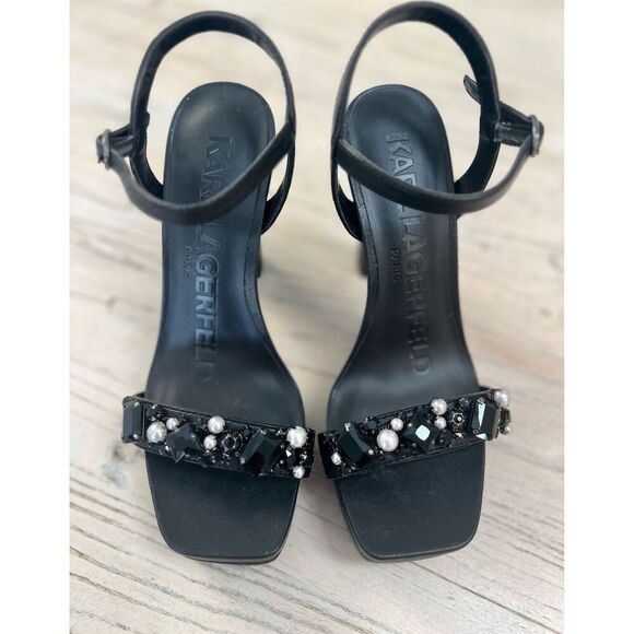Karl Lagerfeld Jala Jewel Platform Heels  Ankle-Strap Sandals Black Size 8 - Picture 4 of 14